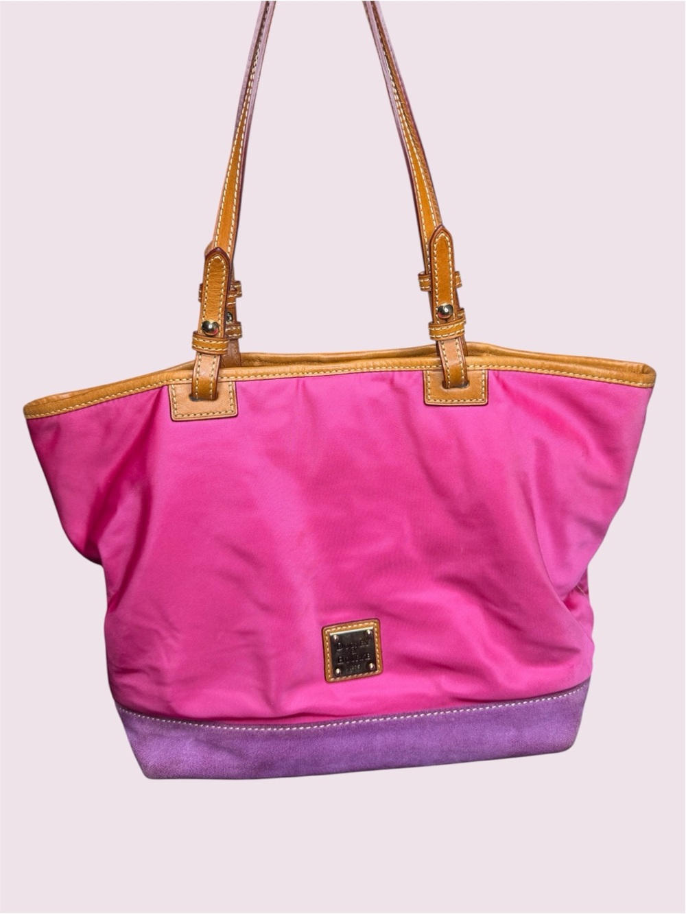 Dooney & Bourke Pink Nylon Purple Suede Trim Tote Bag Tan Leather Shoulder Strap
